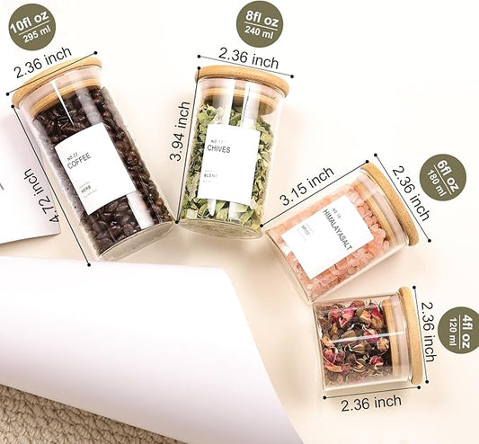 16Pcs Round Glass Spice Jars with Bamboo Lids, include 4oz, 6oz, 8oz, 10oz Empty Containers With 340 Spice Labels Preprinted of White and Black Color, Spice Bottles for Seasoning Organizer