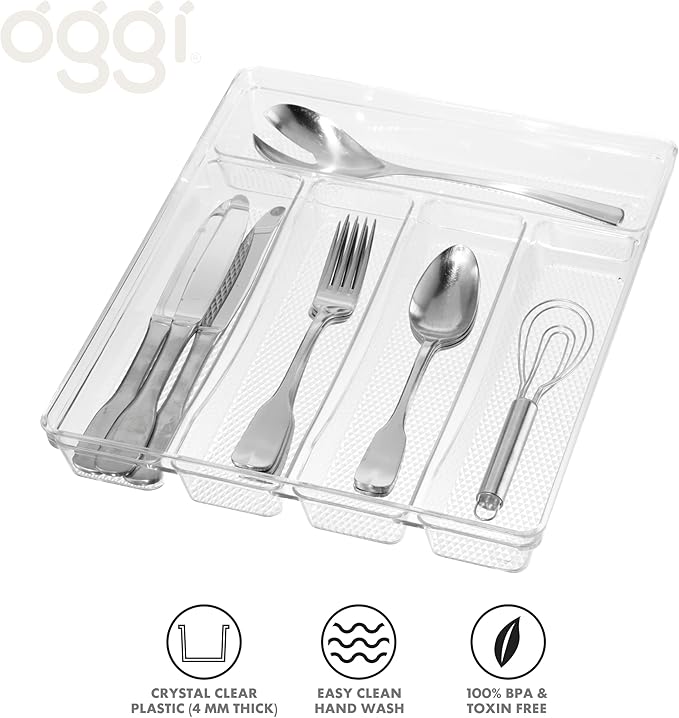 Oggi Silverware Organizer, 5-Compartment, Clear