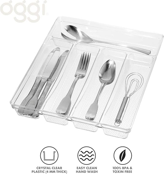 Oggi Silverware Organizer, 5-Compartment, Clear