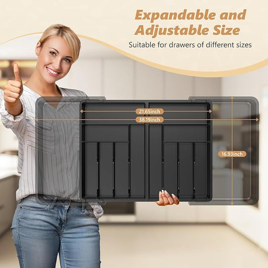 Large Silverware Drawer Organizer-Expandable From 22 to 36in-BPA Free Plastic Utensil Tray for Kitchen-Adjustable Flatware and Cutlery Holder for Spoons Forks Knives