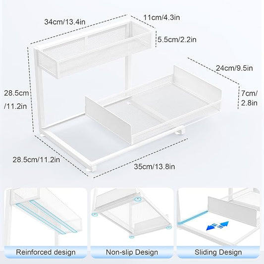 Under Sink Organizer and Storage, 2 Tier Pull Out Cabinet Organizer, Slide Out Under Sink Storage Shelf, Undersink Organizers Shelves for Kitchen Bathroom Pantry Organization (White)