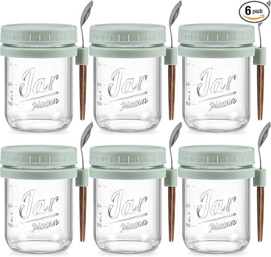 LANDNEOO 6 Pack Overnight Oats Containers with Lids and Spoons, 16 oz Glass Mason Overnight Oats Jars, Large Capacity Airtight Jars for Milk, Cereal, Fruit(Green)