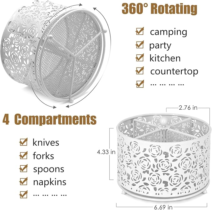 360° Rotating Metal Silverware Caddy - 4 Compartment Utensil Cutlery Holder Fork Spoon Napkin Organizer Flatware Storage Basket Party Countertop Buffet Picnic Camping Outdoor (White)