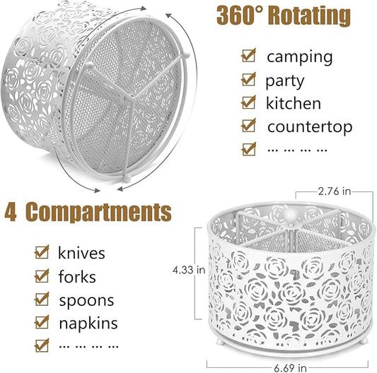 360° Rotating Metal Silverware Caddy - 4 Compartment Utensil Cutlery Holder Fork Spoon Napkin Organizer Flatware Storage Basket Party Countertop Buffet Picnic Camping Outdoor (White)