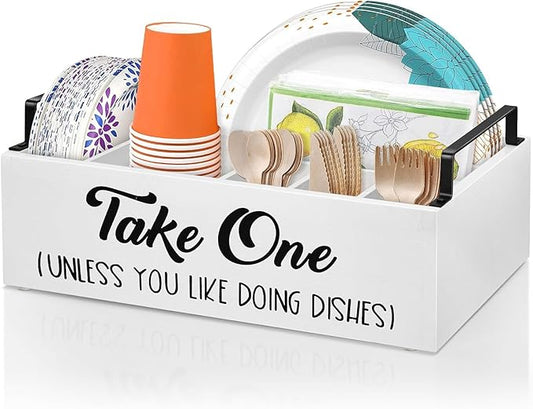 Lzhevsk Paper Plate Holders Silverware Caddy for Countertop, Kitchen Utensil Holder Organizer for Cutlery, Cups, Fork, Spoon, Wood Utensil Caddy Paper Plates Dispenser for Party Picnic BBQ