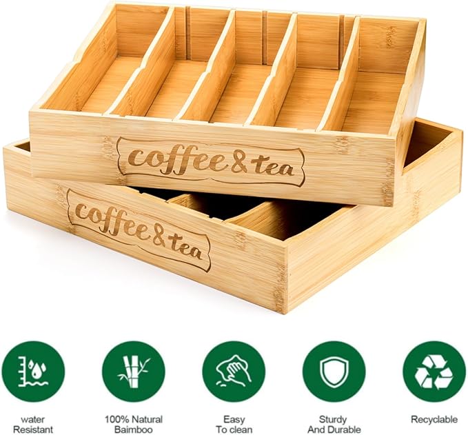 Lyellfe 2 Pack K Cup Holder for Drawers, Bamboo Tea Bag Organizer with Adjustable Dividers, Silverware Utensil Flatware Tray for Coffee Station Home Office, Kitchen