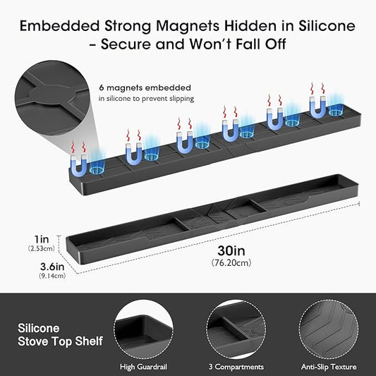 Bumusty Silicone Magnetic Stove Shelf For Back Of Stove, Over The Stove Shelf, Magnetic Stove Top Shelf, Kitchen Spice Rack Organizer, Oven Shelf For Top Of Stove - Black