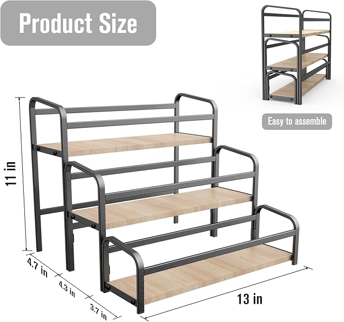 Spice Rack Organizer for Countertop , 3-Tier Magnetic Spice Storage Holder with Wooden Steps for Kitchen , Coffee Syrup Rack Iron Fall Protection ,Versatile Display Rack for Wine Bottles,Cosmetics.