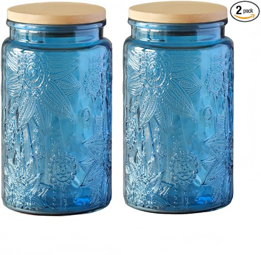 ANSQU Blue Glass Jars, 34oz Vintage Glass Kitchen Storage Counter Jar, Candy Jars with Lids, Decorative Mason Jars Hold Coffee Beans, Tea, Cookie, Sugar, Bath Salts (Blue, 2 Pack)