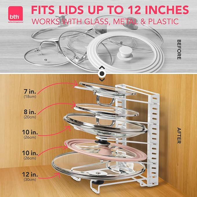 BTH Adjustable Pot Lid Organizer for Cabinet - Kitchen Storage Rack with 6 Adjustable Shelves, Pot Lid Holder, Pan and Pot Lid Storage, Perfect for Pantry & Inside Cabinet Organizer (White)