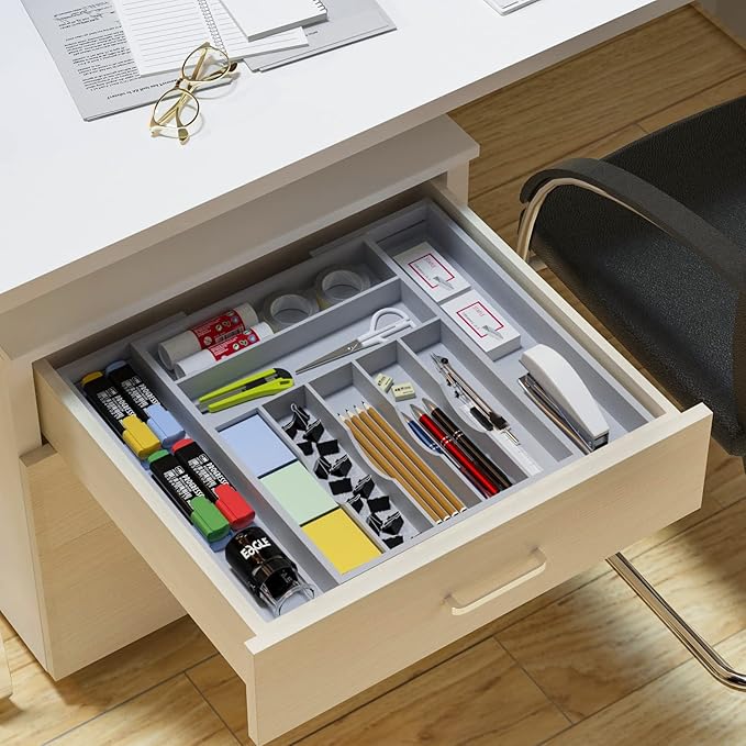 Silverware Organizer Utensil Drawer Organizer - Bamboo Cutlery Organizer Kitchen Drawer Organizer for Silverware, Utensils, Cutlery, Flatware, Knives W13.5-19.9" x L17.6 (Grey)