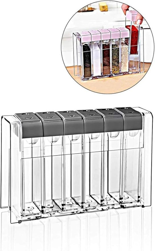 Glittering Bazaar Spice Shaker Jars Seasoning Box, Plastic Dispenser, Condiment Storage Container with Tray for Salt Sugar - Barbecue Box Racks -Transparent Grey Color, Set of 6