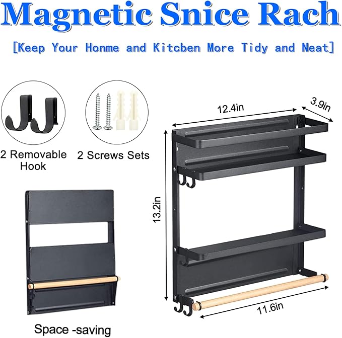 Magnetic Spice Rack for Refrigerator Magnetic Paper Towel Holder for Fridge Magnetic Shelf Magnetic Shelves Fridge Magnet Organizer Spice Rack Kitchen Organization Kitchen Storage Black