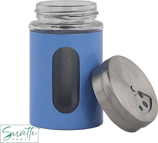 Denim Blue Salt Pepper Shakers Retro Spice Jars Glass - Set of 5