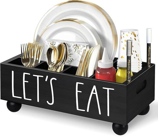 Paper Plate Holders, Paper Plate Dispenser for Kitchen Counter, Wood Rustic Silverware Utensil Caddy Organizer for Cups Spoons Forks Plates Napkins, Utensil Holder with Markers for Party, Camping, BBQ