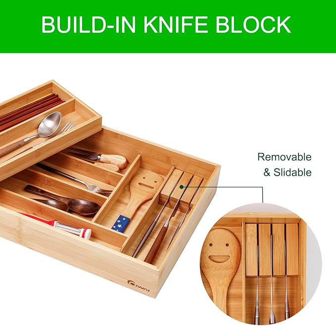 Double layer Bamboo Kitchen Drawer Organizer, Utensil Silverware Organizer, Cutlery Tray, With Slidable & Removable Utensil Tray, With Knife Holder, Flatware Organizer,Multi-use storage box