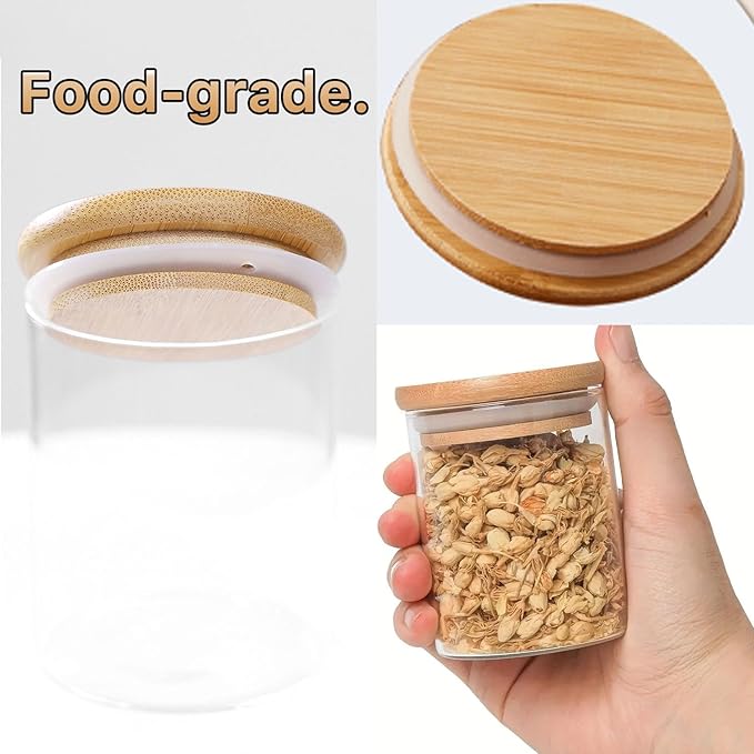 12Pcs Glass Spice Jars with Label - 6 oz Glass Jars with Bamboo Lids Square Spice Jars with Labels 148 Lables Containers with Lids Kitchen Spice Storage with Wooden Spoons