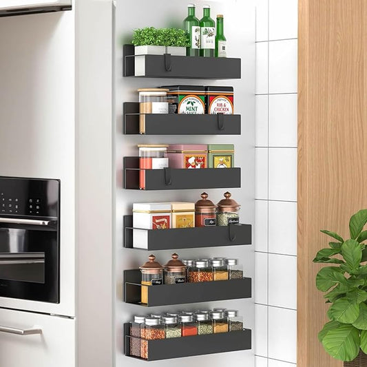 6 Pack Magnetic Spice Storage Rack Organizer for Refrigerator and Oven, Moveable Magnetic Spice Organizer, Black Metal Strong Magnetic Shelf for Fridge and Microwave Oven