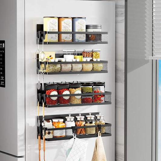 Magnetic Spice Rack for Refrigerator, 4 Pack Magnetic Shelf for Refrigerator,Moveable Fridge Magnetic Spice Racks with 10-Hook Rack for Kitchen Organizers and Storage