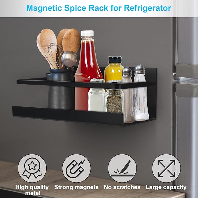 Magnetic Spice Rack for Refrigerator, 2 Pack Magnetic Shelf Spice Organizer for Spice Jars, Fridge Seasoning Organizer Spice Holder Magnet Shelves + 4 Hooks for Kitchen Pantry