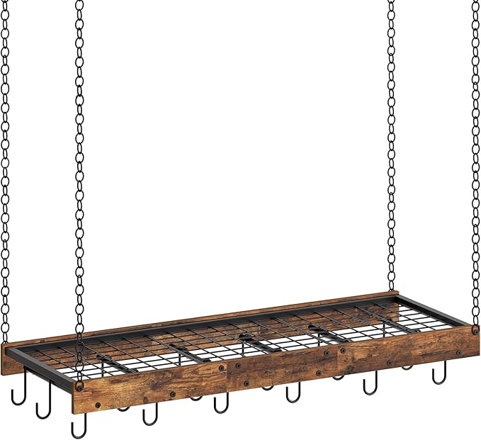 Hanging Pot Rack, Ceiling Wall Mounted Pot Rack for Kitchen, Industrial Style Pot Hanger with 18 Hooks, Cookware Storage Organizer, for Pots and Pans, Rustic Brown and Black TPR12BFC1
