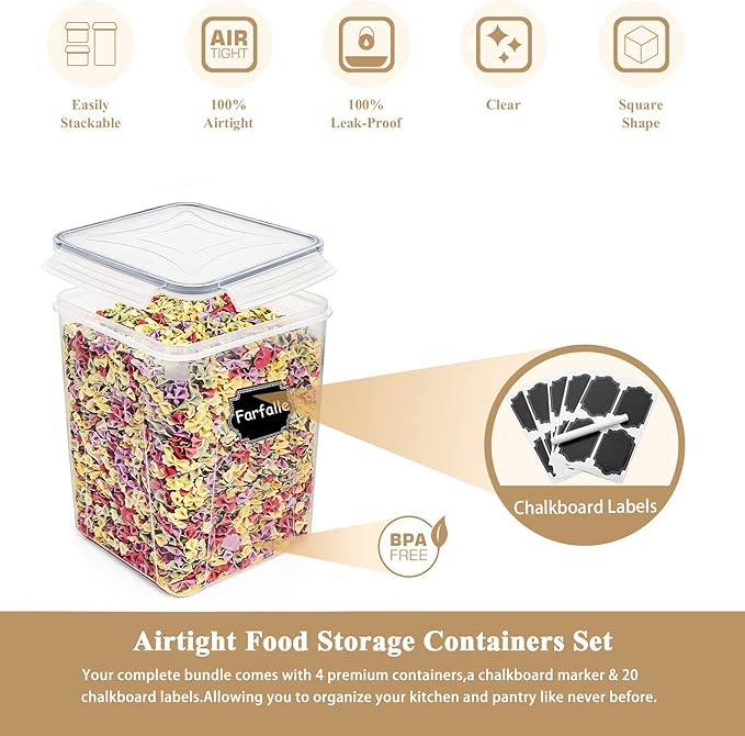 Wildone Large Food Storage Containers 5.2L /175oz, 4 Piece BPA Free Plastic Airtight Food Storage Containers for Flour, Sugar, Baking Supplies, Kitchen & Pantry Containers with 20 Labels - Gray