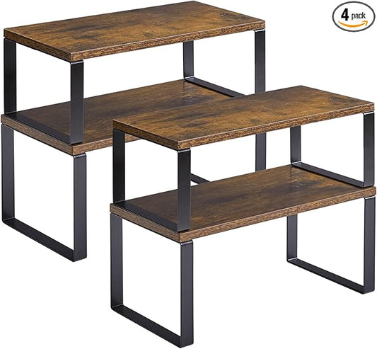 YMYNY Cabinet Shelf Organizer, Spice Racks Set of 4, Kitchen Counter Shelves, Stackable, Cupboard Organizer for Dishes, Seasoning, Cosmetics, Cans, Coffee Mugs, Rustic Brown, UHSR002H-2