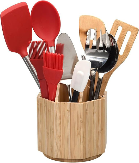 Bamboo Rotating Utensil Holder & Kitchen Organizer, Multiple Compartments, 8 Sections, store Forks, Serving Spoons, Knives, and other cooking tools with Removable Divider for Customized Storage