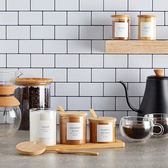 Talented Kitchen 184 Spice Labels & Stickers for Herbs - Water-Resistant Preprinted White Jar Labels for Pantry Organization, Minimalist Black Text, Numbers & Dates