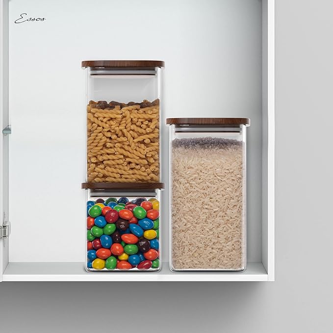 Square Glass Jars with Wood Lids Set of (2) 52 fl oz Airtight and Stackable ECO Storage Containers for Kitchen Pantry Wooden Lid BPA Free and Recyclable Canister for Food Cookies Coffee Beans