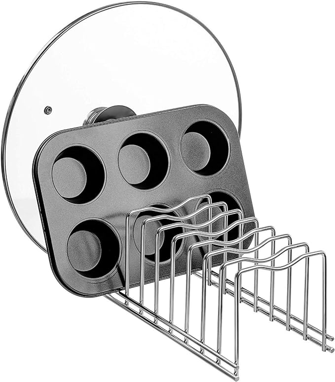 SANNO Pot Lid Holder Organizer, Rack Holder Rest Storage, for Pot Lids, Plates, Cutting Boards, Bakeware, Cooling Rack, Serving Trays, Total 8 Compartments, Stainless Steel