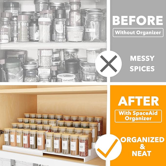 SpaceAid Bamboo Spice Rack Organizer for Cabinet, Kitchen Pantry Spices Storage Rack for Cabinets Organization, Home Seasoning Tiered Can Goods Racks Wood Shelf Organizers (4 Tier, White)