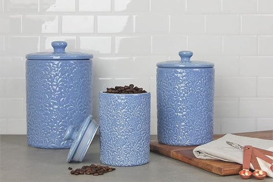10 Strawberry Street Kitchen Canister, 3 Piece Set, Fleur Denim Blue