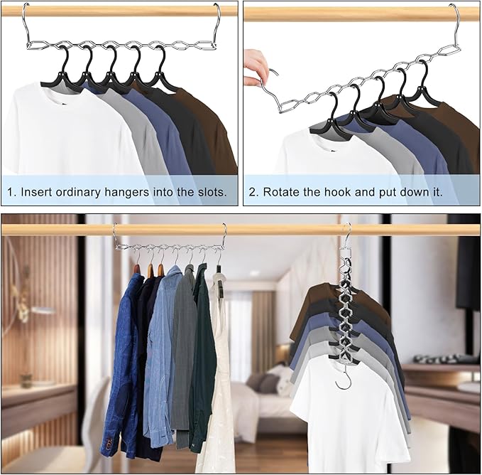 12 Pack Space Saving Hangers for Clothes, Heavy Duty 30Lbs Capacity Magic Collapsible Clothes Space Saver Metal Hanger Organizer with 360° Swivel Hook, Closet Organizers Storage Dorm Essentials Silver