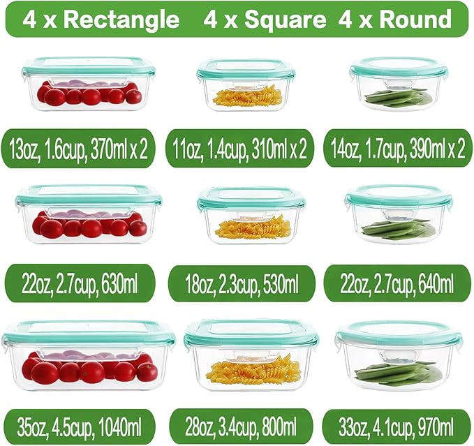 HOMBERKING 24pc Glass Food Storage Containers with Lids, Glass Meal Prep Containers, Airtight Glass Bento Boxes, BPA Free & Leak Proof, Pantry Kitchen Storage(12 lids & 12 Containers) - Blue