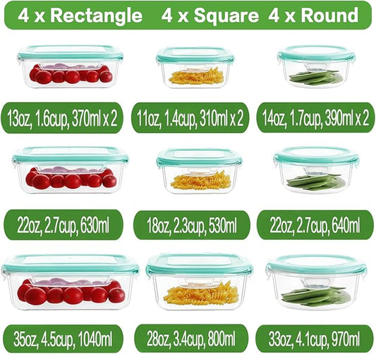 HOMBERKING 24pc Glass Food Storage Containers with Lids, Glass Meal Prep Containers, Airtight Glass Bento Boxes, BPA Free & Leak Proof, Pantry Kitchen Storage(12 lids & 12 Containers) - Blue