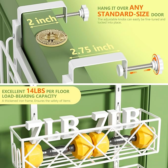 Over the Door Pantry Organizer 8-Tier Adjustable Baskets Hanging Spice Door Rack Narrow - 13.78" W x 65.16" H Behind the Door Storage for Kitchen, Bathroom, and Closet Organization-White