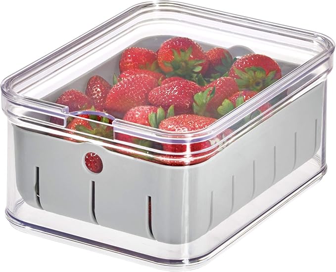 iDesign Recycled Plastic Crisp Produce Storage Containers with Lid and Colander Basket Designed to Keep Food Fresh Longer, 8.32” x 6.32” x 3.76”, Clear/Gray