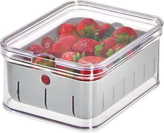 iDesign Recycled Plastic Crisp Produce Storage Containers with Lid and Colander Basket Designed to Keep Food Fresh Longer, 8.32” x 6.32” x 3.76”, Clear/Gray