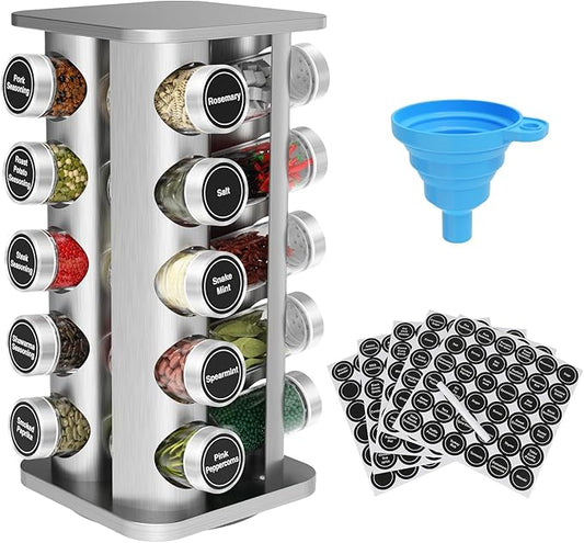 Rotating Spice Rack Organizer, Spice Tower for Countertop, Revolving Spice Rack Set for Cabinet, Silver Steel Kitchen Seasoning Organizer with 20 Jars and Funnel Square-round