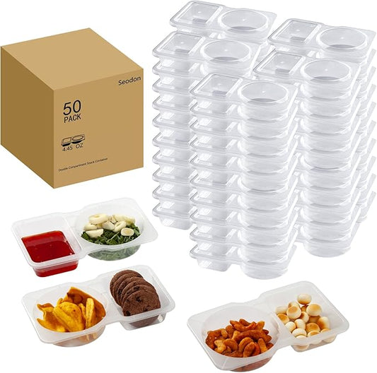 Snack Containers Double Compartment Snack Packs with Lids Grab and Go Snack Prep Box Meal Prep 2 Compartments Condiment Dipping Containers (50 Pcs)