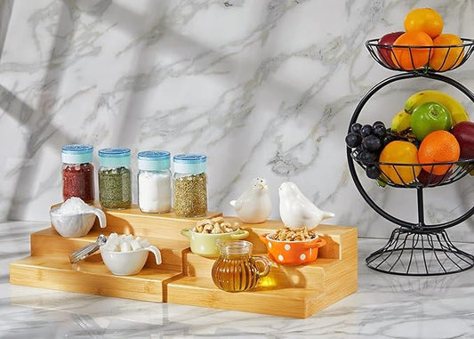 RoyalHouse Bamboo Expandable Spice Rack Organizer, 3-Tier Adjustable Kitchen Cabinet, Countertop Display Shelf, Space Organizer for Kitchen and Bathroom (Pack of 2)