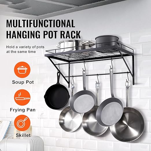 VEVOR Pot Rack Wall Mounted, 24 inch Pot & Pan Hanging Rack with 12 S Hooks, 55 lbs Loading Weight, Ideal for Cookware in Kitchen