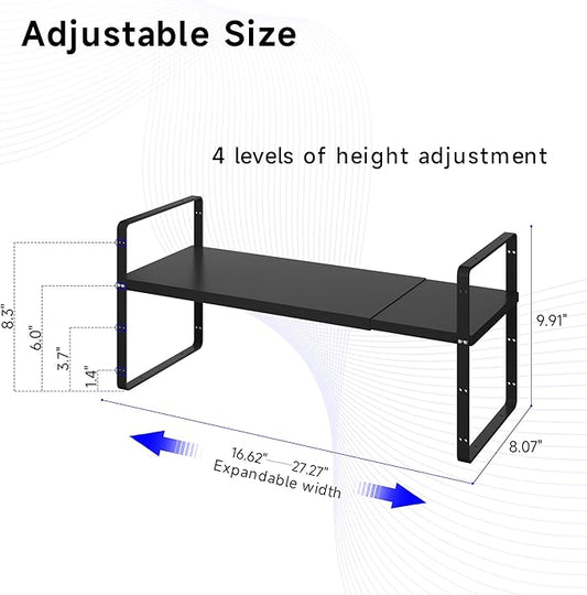 Expandable Cabinet Shelf Organizer, Stackable Kitchen Pantry Counter Storage, Adjustable Closet Cupboard Stand Rack Risers Spice Organization 80LBS Heavy Duty Black Small 1 Pack