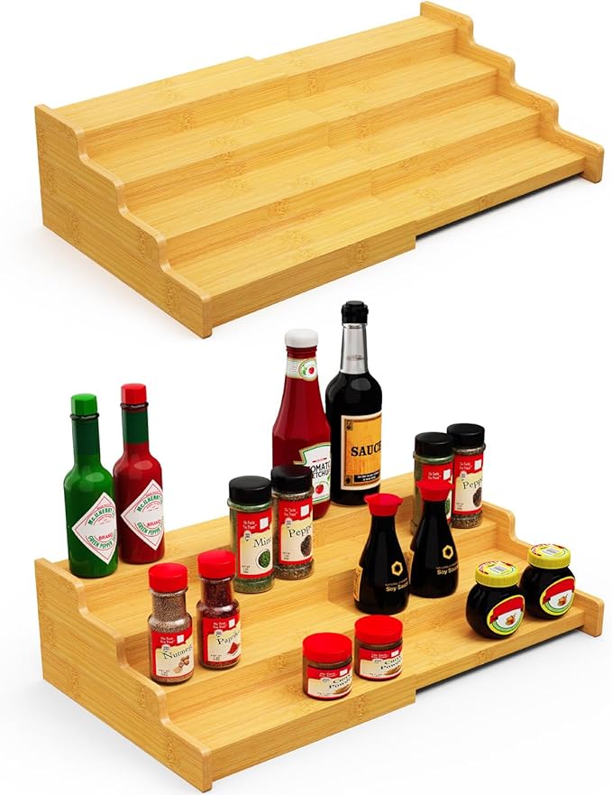 Spice Rack Organizer for Expandable 4-Tier, 2 Pack Adjustable Bamboo Spice Storage for Kitchen Cabinet, Pantry and Countertop Organization, Natural