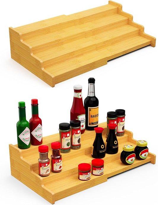 Spice Rack Organizer for Expandable 4-Tier, 2 Pack Adjustable Bamboo Spice Storage for Kitchen Cabinet, Pantry and Countertop Organization, Natural