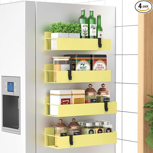 4 Pack Magnetic Spice Storage Rack Organizer for Refrigerator and Oven, Yellow Fridge Organizers and Storage