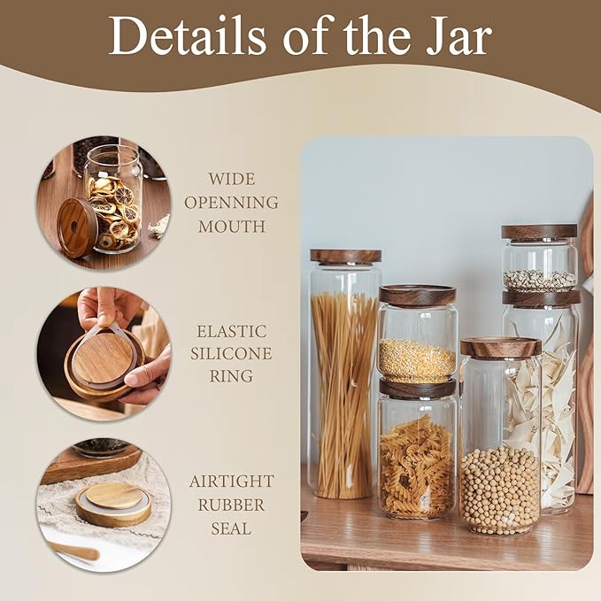 Glass Canisters with Airtight Lids - Glass Storage Jars for Kitchen and Pantry, Coffee Grounds Container for Cereal, Salt, Seed, Spice, Tea, Candle, Mixed Sizes (Set of 5)