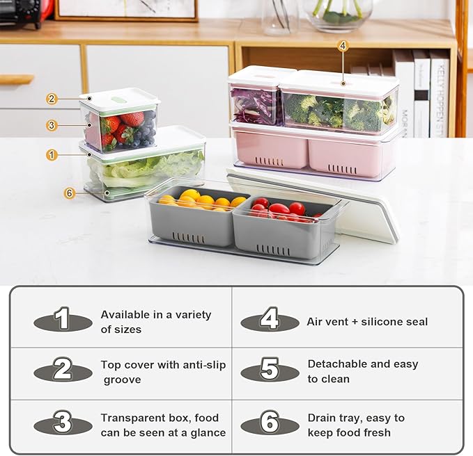 Lille Home The Stackable Produce Saver Set keeps fruits and vegetables fresh longer. With removable drain trays, these BPA-free bins are ideal for refrigerators, cabinets, and pantries