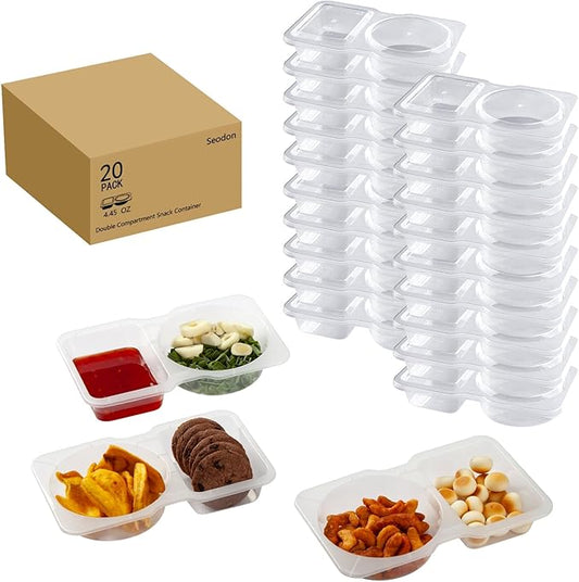 Snack Containers Double Compartment Snack Packs with Lids Grab and Go Snack Prep Box Meal Prep 2 Compartments Condiment Dipping Containers (20 Pcs)